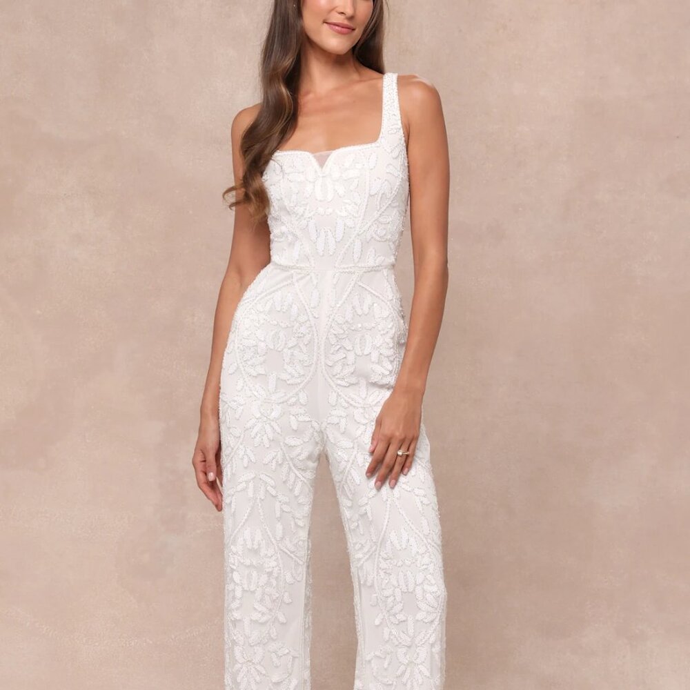 NWT XS Glittering Influence White Mesh Beaded Lace-Up Jumpsuit